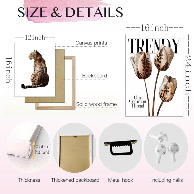 Trendy Leopard Canvas Wall Art Set of 3 Cheetah Printed Preppy Fashion Skateboard Wall Decor Preppy Room Aesthetic posters Prints for Girls Bedroom Apartment Dorm 12x16in Framed Decoration