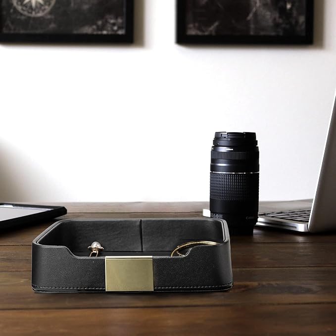 Leather Tray Organizer, Valet Tray Key Bowl (Metal Gilded, Black) | Leather Catchall Tray for Entryway Table Desktop Storage, Decorative Tray for Jewelry Keys Wallet Phone Watch
