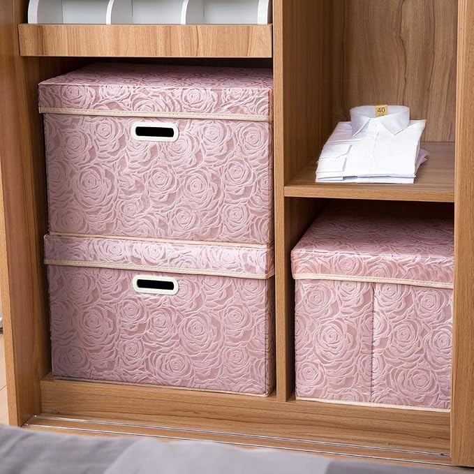 Larger Collapsible Storage Bin with Lid [1-Pack] Fabric Decorative Storage Box Cube Organizer Container Baskes with Handles Divider for Bedroom Closet Living Room Pink 17.7x11.8x11.8 Inch