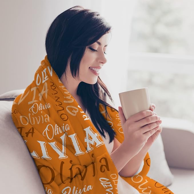 Personalized Throw Blanket, Custom Orange Theme Light Soft Flannel Fleece With Name for Men Women Boys Girls Kids, Customized Gifts for Birthday Christmas Valentines Day