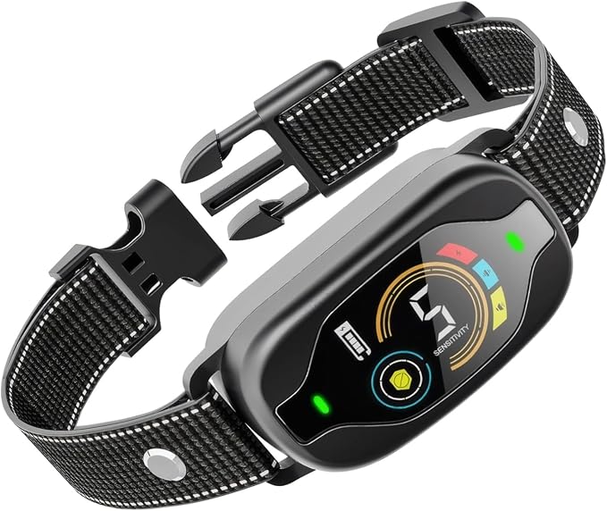 Waterproof Smart Bark Collar with 25 in / 63.5 Cm Strap, 5 Sensitivity Levels, Rechargeable, Color Display, Nylon, Black