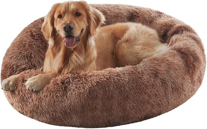 36 in Faux Fur Fluffy Donut Dog Bed for Large Dogs,Tie-dye Brown | Calming Plush Round Pet Bed with Removable & Washable Cover,Fits up to 80 lbs Pets