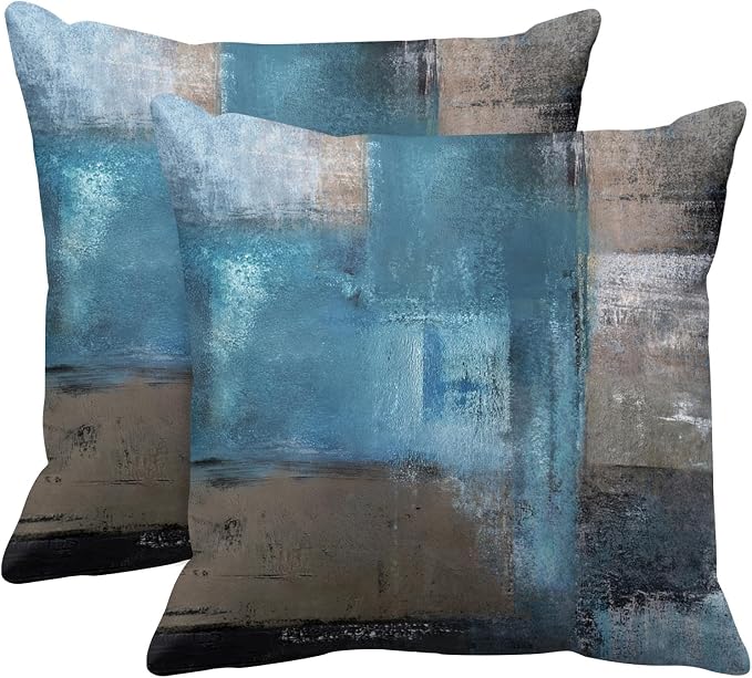Throw Pillow Covers Set of 2, 16 x 16 Inch, Teal Grey | Abstract Modern Art Outdoor Decorative Square Pillow Cases Couch Cushion Case for Couch Bed Sofa Living Room Home Decor