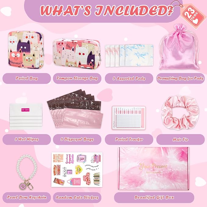 21 PCS First Period Starter Kit for Teen Girls Period Bags for Teen Tweens Girls with Sanitary Pad Storage Bag, Wipes, Menstrual Tracker, Disposal Pouches and More (Pink Cats)