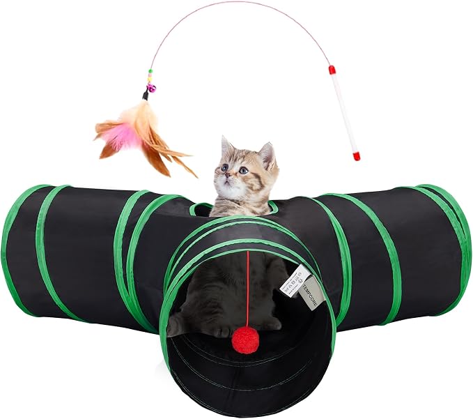 Tempcore Cat Tunnel, 3-Way Collapsible Toy for Indoor Cats, Black & Green