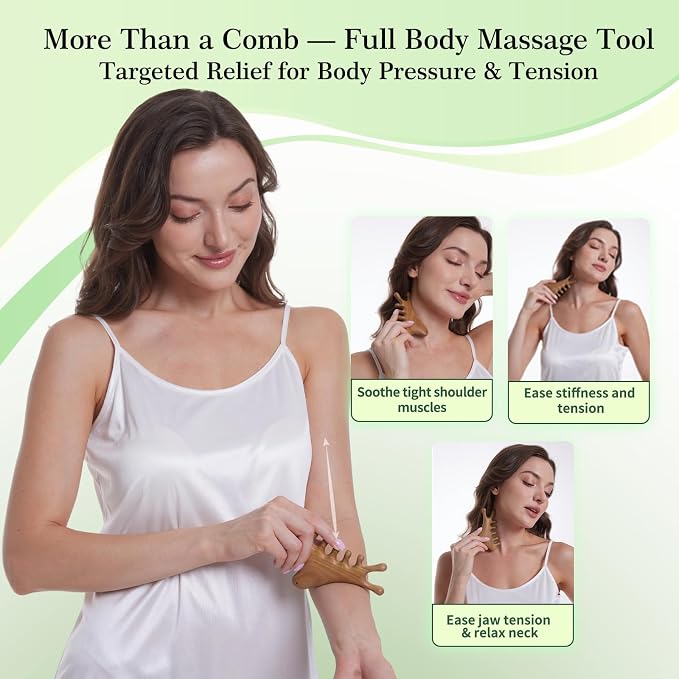 4-in-1 100% Green Sandalwood Massage Comb & Gua Sha Tool | 100% green sandalwood; 4-in-1 wooden scalp massager with smooth rounded edges; gift box, storage pouch and cord included