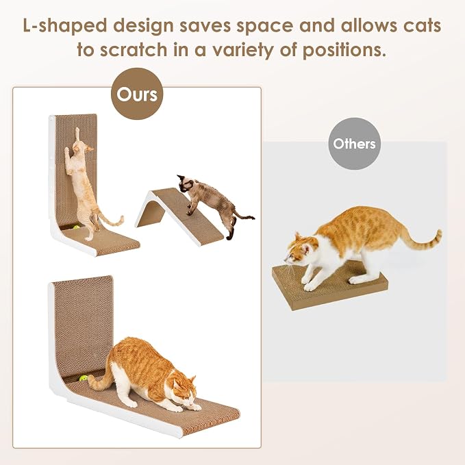EHEYCIGA Cardboard Cat Scratcher for Indoor Cats, 19 Inch, White | L Shaped Scratching Post, Vertical Cat Scratching Board with Ball Cat Toy, Furniture Protector, Kitten Cat Scratch Pad