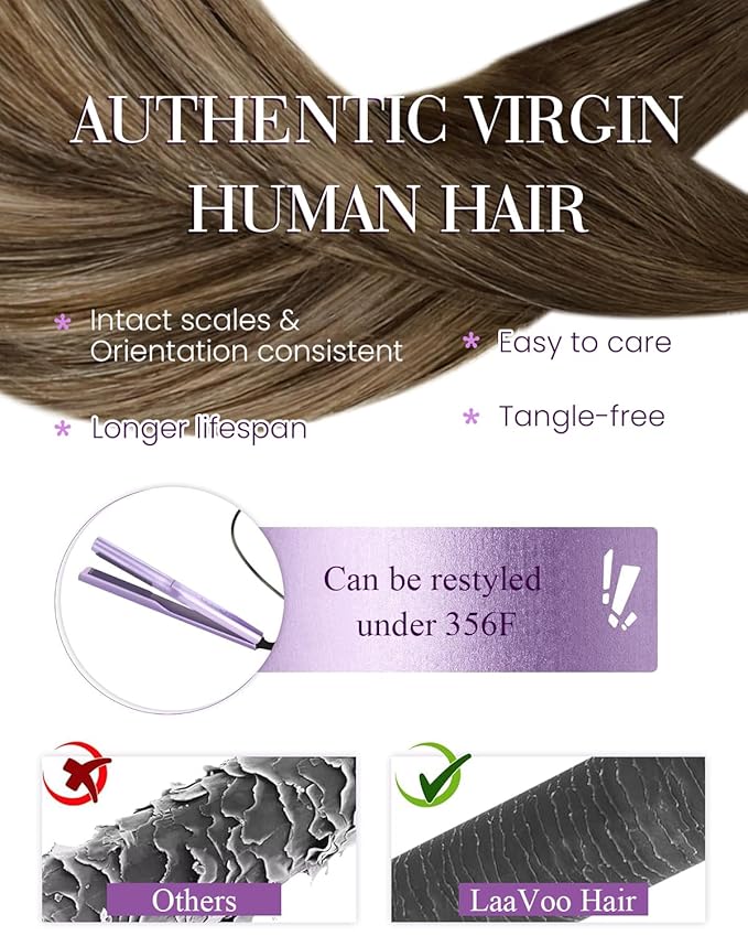 LaaVoo Nano Bead Hair Extensions Human Hair Nano Extensions Balayage Dark Brown to Caramel Brown Nano Hair Extensions Human Hair Ombre Brown Cold Fusion 50s 50g 16 Inch