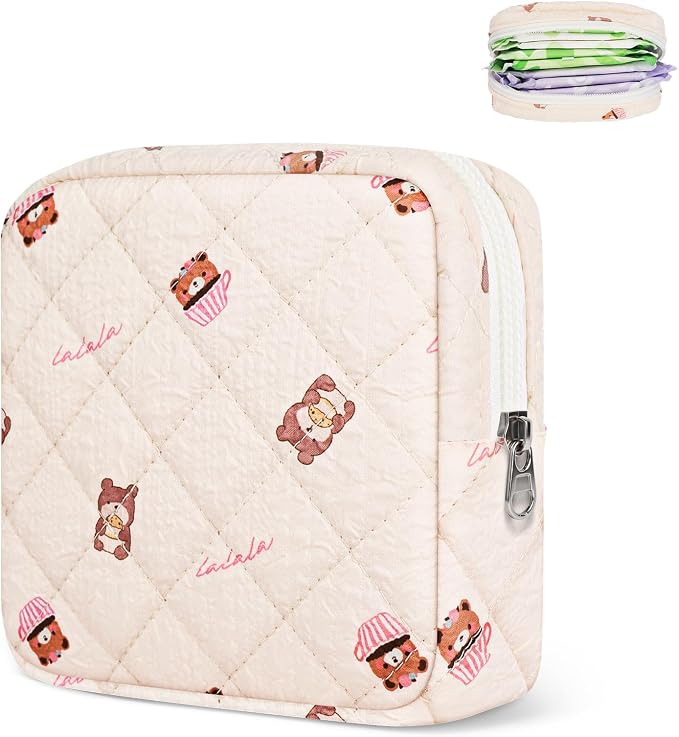 Likesing Quilted Period Bag, Period Pouches for Teen Girls Womens, Portable Floral Print Sanitary Napkin Storage Bag Feminine Emergency Tampon Pad Pouch(BPink Bear)