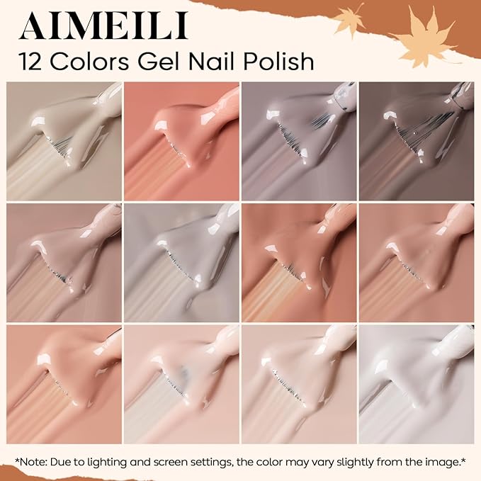AIMEILI Nude Neutral Gel Nail Polish Set 12pcs, Hema Free, Cruelty Free, Vegan, Soak Off U V LED Nail Art Manicure Salon DIY - Kit 39