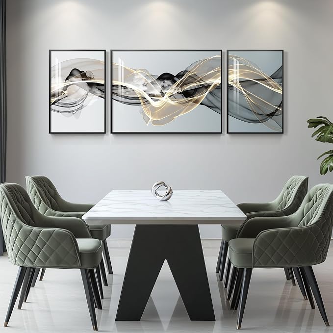 Large Framed Modern Luxury Abstract Wall Art for Living Room, 3 Piece Minimalist Prints Paintings Artwork for Walls, Black White Gold Abstract Line Pictures for Hallway Dining Bedroom Office Wall Decor
