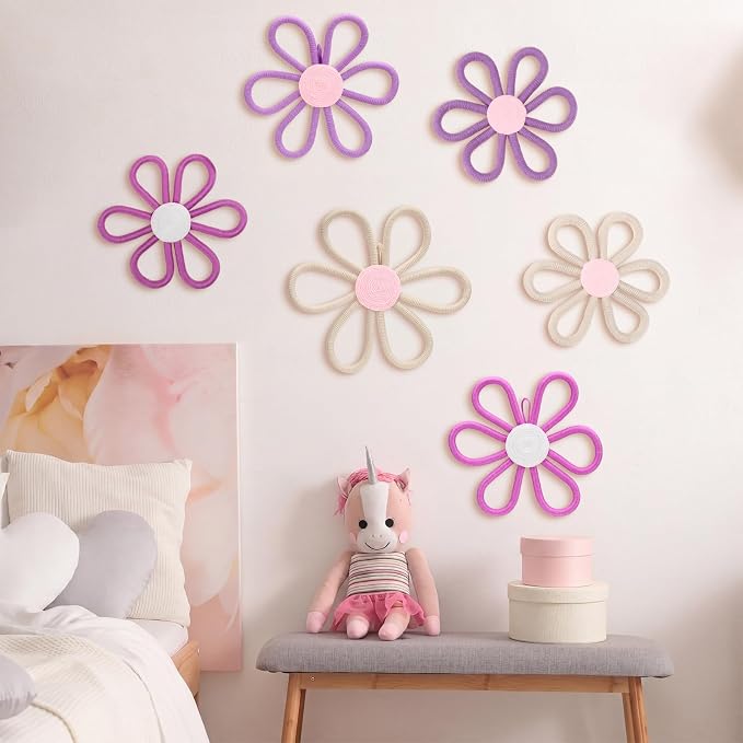 Barydat 6 Pcs Boho Nursery Decor Daisy Flower Woven Macrame Wall Hanging 3 Size Daisy Flower Wall Decor Bohemian Nursery Decorations for Home Dorm Art