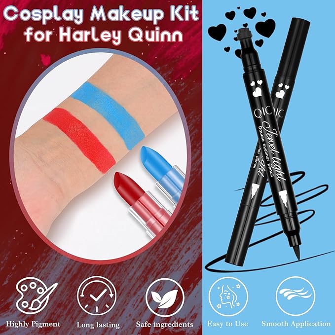 Halloween Makeup Kit for Harley Quinn Cosplay, Red and Blue Clip in Hair Extensions & Face Body Paint Stick, Black Eyeliner Stamp, Costume Accessories for Harley Quinn SFX Looks
