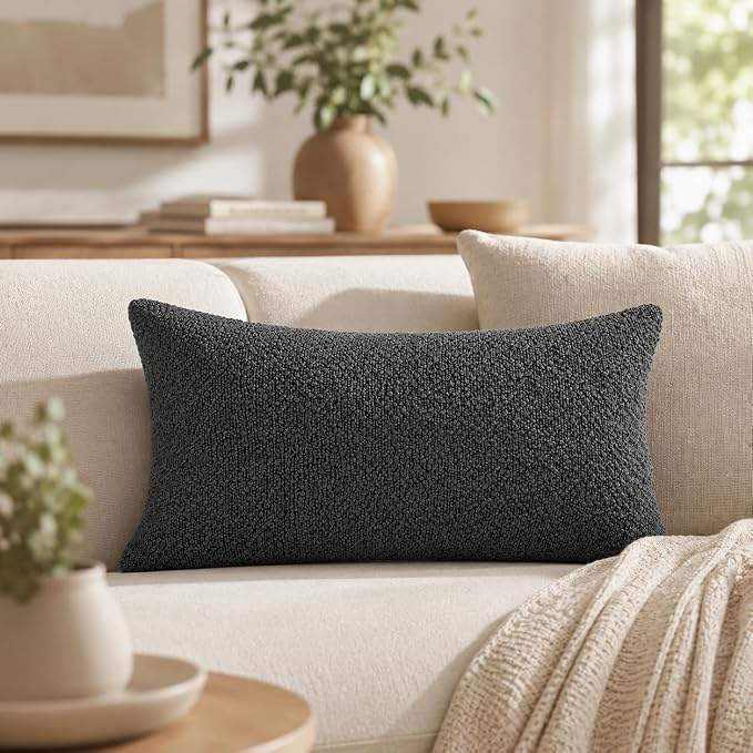 JoraLion 16x24 inch Boucle Lumbar Pillow Cover, Dark Grey Woven Texture Neutral Long Pillow Cover Breathable Cushion Case for Couch Sofa Bed Living Room Home Decor (Cover Only)