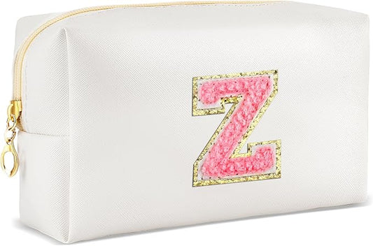 URSKYTOUS Initial Makeup Bag Personalized Preppy Travel Small Cosmetic Bag Cute PU White Chenille Letter Makeup Pouch for Purse Waterproof Zippered Toiletry Organizer for Women Girls Kids Friends (Z)