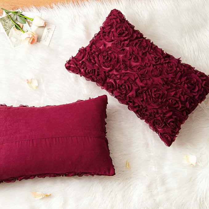 MIULEE Decorative Rose Flower Pillow Covers Pack of 2 Wine Red 12x20 Inch | Cute Romantic Stereo Chiffon Throw Pillow Cover Aesthetic Solid Pillowcase for Girl Coquette Room Decor Coach Bedroom