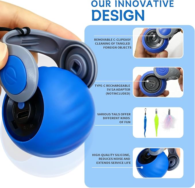 Interactive Cat Toy Ball - Automatic Moving Cat Ball for Indoor Cats with 3 Tails, Rechargeable Silent Kitten Toy for Boredom & Exercise, Rolling Ball Toy with 2 Modes & 2 Speeds.