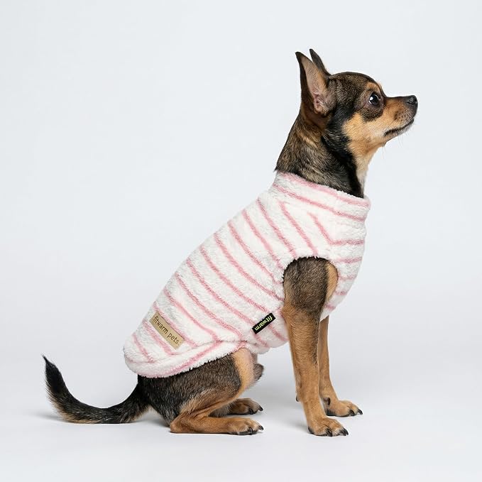 Fitwarm 2 Pack Striped Fleece Dog Sweater, Warm Winter Dog Clothes for Small Dogs Girl, Fuzzy Turtleneck Pet Outfit, Doggy Pullover Jumper, Rose Pink, White, Light Pink, XXL