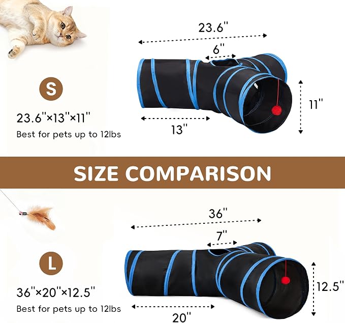 Tempcore Cat Tunnel, 3-Way Collapsible Toy, Large Size Black & Royal Blue