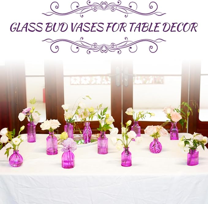 12PCS Hot Pink Vase Small Colored Flower Bud Vases | Glass Bud Vase in Bulk Pink Vases for Centerpieces Vintage Colored Glass Bottles for Home Office Decor
