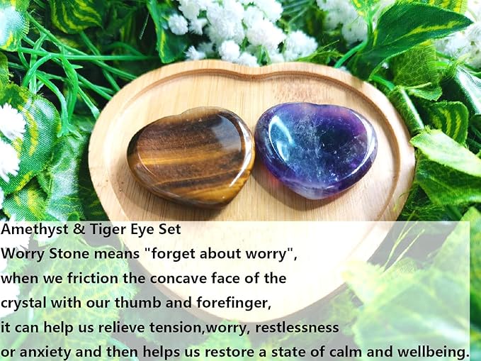 QINJIEJIE 2PCS Worry Stones for Anxiety Amethyst Tiger Eye Crystals Thumb Heart Shaped Quartz Crystal Palm Polished Gemstone Pocket Massage Natural Gem Reiki Meditation Stress Relief Gift for Women