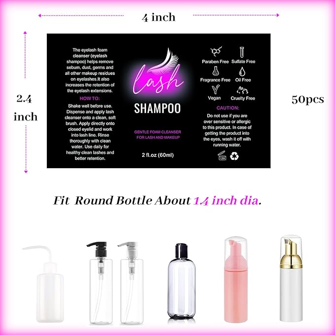60 Pcs Lash Shampoo Bottle Brushes Kit 10 Empty Foam Pump Dispensers 10 Bath Label Stickers & Care Cards 10 Mascara Wands 10 Cleansing Brush 10 Bag for Eyelash Extensions Aftercare Branding (Black)