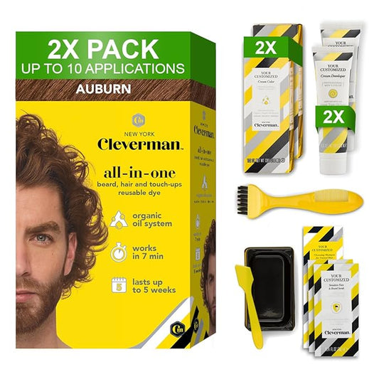 2X Reusable Hair & Beard Dye for Men – Auburn | Up to 10 Uses, 7 Minutes | Natural Gray Coverage, No-Drip Cream with SkinArmour® – Cleverman