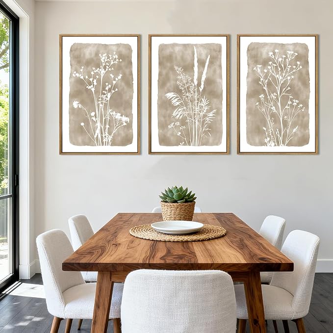 ANHUIB Beige Neutral Floral Canvas Wall Art 24x36 Inch Framed Brown Botanital Wall Decor Large Rustic Farmhouse Wildflower Artwork Boho Vintage Plant Art Prints Set of 3 for Living Room Bedroom Office