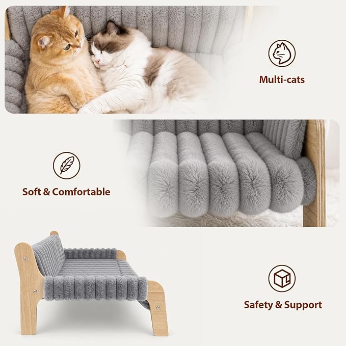 Elevated Cat Couch for Indoor Cats Wooden Cat Sofa for Kitty Puppy | Ultra-Soft Plush Raised Cat Bed,Removable Washable Cat Chair Hammock,Breathable Cat Furniture for Bedside Balcony Living Room