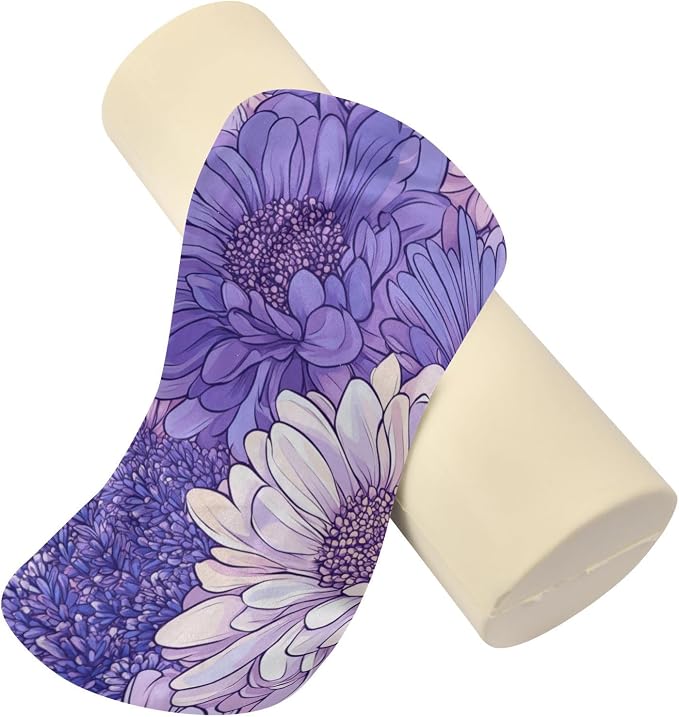 Cartoon Chrysanthemum Flowers and Lavender Neck Roll Pillow Bolster Round Health Memory Foam Long Cervical Cylinder Pillows with Removable Washable Cover for Body Bed Legs Back Yoga