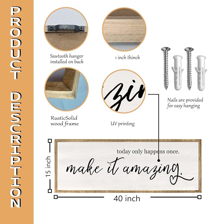 RLWangChao Today Only Happens Once Make It Amazing Wall Art 40"X15" Wood | Large Inspirational Quote Sign Rustic Living Room, Vintage Wood Frame, Office Motivational Home Wall Hanging Decor