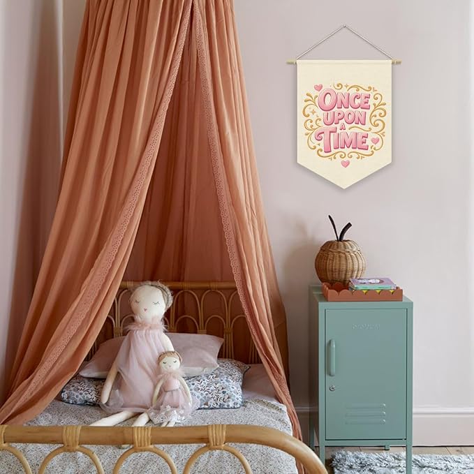 Once Upon A Time Princess Room Decor for Girls, Pink Pennant Banner for Baby Girl Nursery Book Shelf Wall Hanging, Princess Playroom Toddler Bedroom Reading Corner Decorations 15x11 Inch