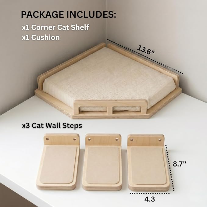 INICIO Cat Wall Shelves - Corner Shelf with Cushion and 3 Cat Wall Steps | Sturdy Cat Shelves for Wall - Stairs & Perch for Indoor Cats up to 15lbs - Natural Birch Wood for Safe Climbing and Playing