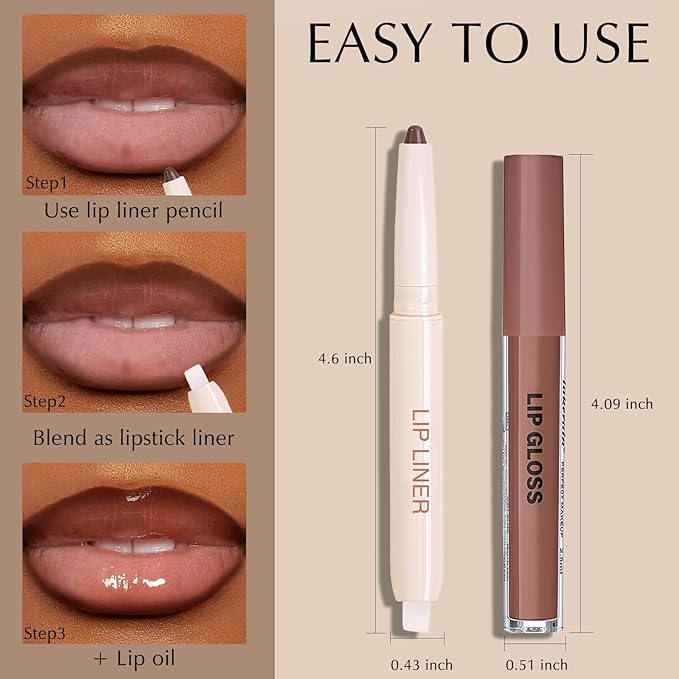Brown Lip Liner Lip Gloss Set, Matte Plumping Lip Liner Pencil with Smudger Brush for Blending, Moisturizing Lightweight Non-Sticky Lip Gloss for Women High Shine Lip Kit Makeup, Set B