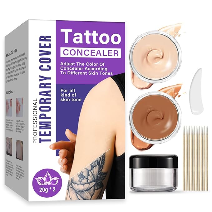 Tattoo Cover Up Makeup Waterproof, 2 Colors Sweatproof Tattoo Cover Up Concealer, Long-Lasting for Tattoos, Vitiligo, Spots, Scars, Invisible Skin Concealer