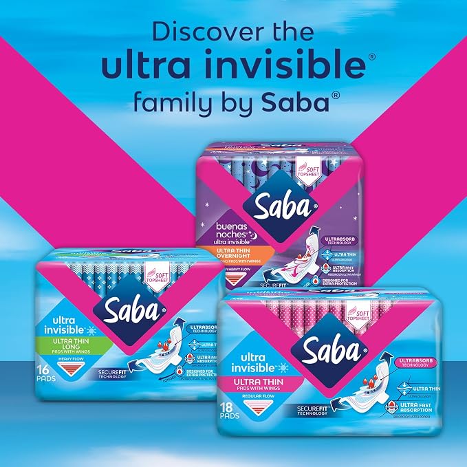 Saba Ultra Invisible Ultra Thin Regular Flow Pads with Wings and SecureFit Technology, 6-Pack of 18 Pads (108 Count)