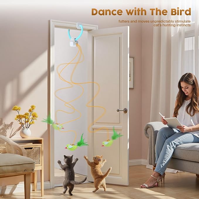 Interactive Cat Toys for Indoor Cats, Clip-On Automatic Flying Bird | USB Rechargeable Self-Play with Interchangeable Bird & Mouse Attachments for Bored Kittens and Adult Cats