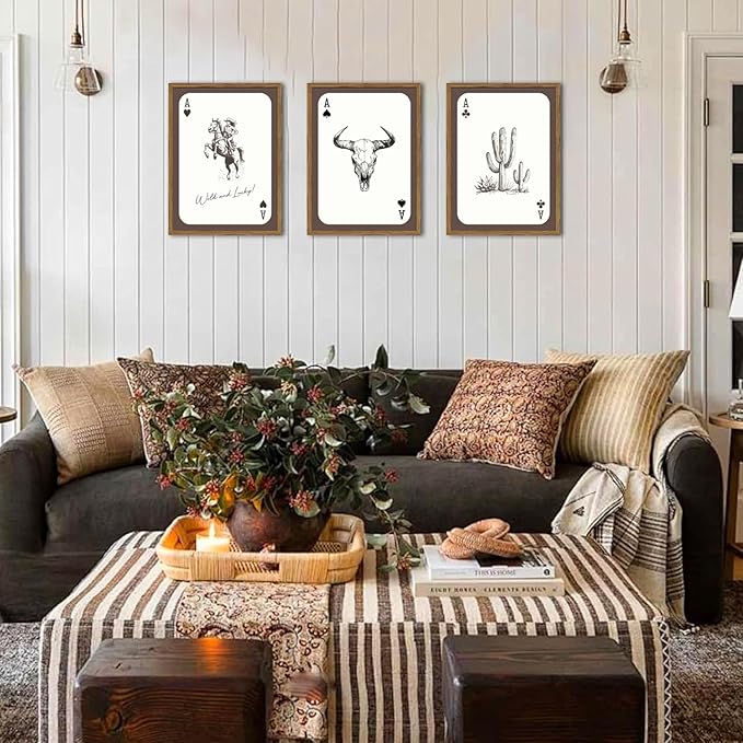 Western Cowgirl Wall Art Set of 3, Vintage Southwestern Wild and Lucky Rodeo Wall Decor Painting, Bull Skull Playing Card Poster Canvas Prints for Living Room Bedroom 12x16 inch Wood Framed