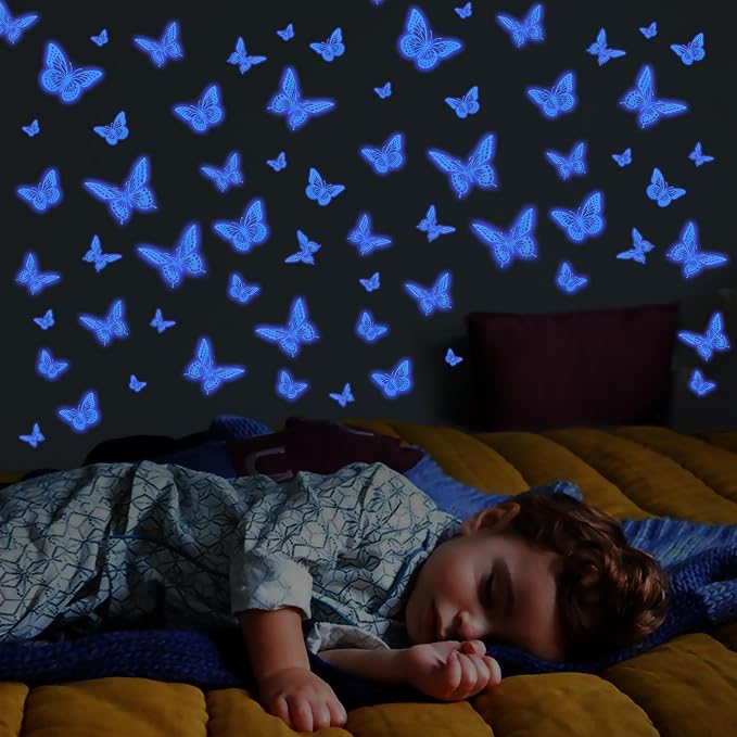 SAOROPEB Glow in The Dark 3D Butterfly 24 Pcs Blue Butterfly Stickers | 3 Sizes, Luminous for Ceiling or Wall, Glow in The Dark Party Supplies, Removable Luminous Stickers for Kids Babys Nursery