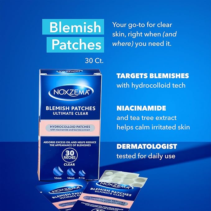 Noxzema Blemish Patches, Ultimate Clear – Hydrocolloid Acne Treatment for Face with Niacinamide and Tea Tree Oil, 30 Patches/Box (90 Total)