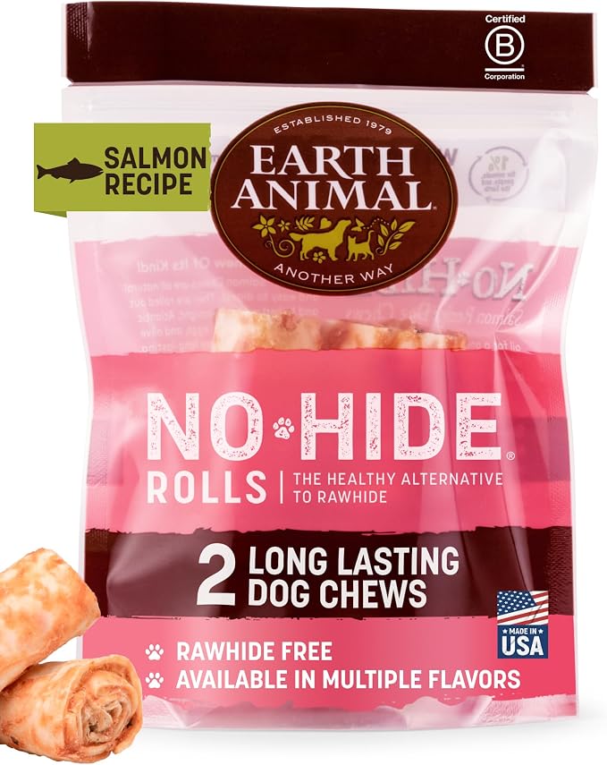 Earth Animal No Hide Dog Chews - Rawhide Free Small Rolls 2 Count Salmon | Small Rolls Salmon Flavored Natural Rawhide Free Long Lasting Dog Chews - Pet Treats for Small Dogs
