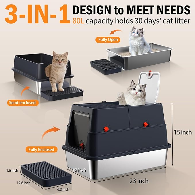 Stainless Steel Litter Box with Lid, Enclosed Metal Litter Box, Extra Large Kitty Litter Pan Covered with Scoop & Pedal, Odor Control, Odor Free, Front & Flip-Top Entry, Black