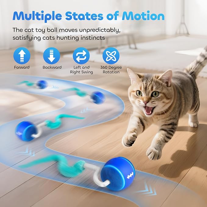 Interactive Cat Toy Ball for Indoor Cats with 3-Mode Touch Activated | Tangle-Free Tail, Rechargeable, 2 Tails, 6-8H Play Automatic Moving Cat Toy, Smart Rolling Ball for Indoor Cats to Chase Play