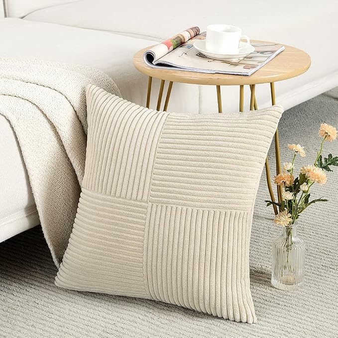 Fancy Homi Tan Decorative Throw Pillow Covers 16x16 Inch for Living Room Couch Bed Sofa, Farmhouse Boho Home Decor, Soft Corss Patchwork Corduroy Textured Square Beige Cushion Case 40x40 cm