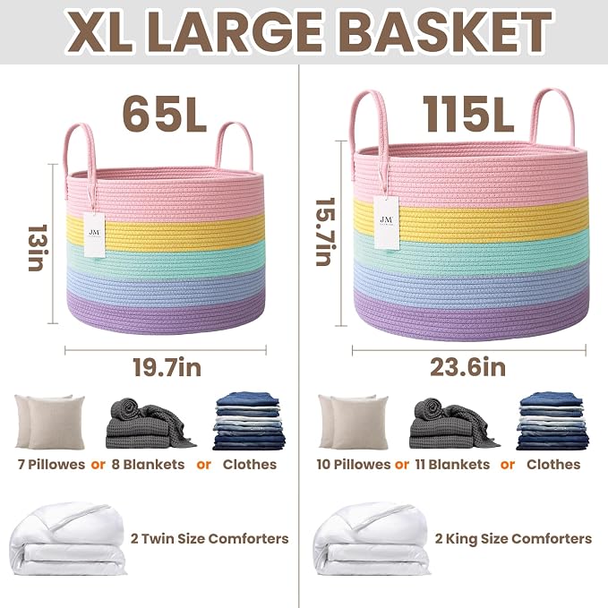 JMvicyroam 115L Extra Large Machine Washable Cotton Rope Blanket Basket | Collapsible laundry hamper, Reinforced handles, For blankets, pillows, toys and clothes, Living room and bedroom, Rainbow