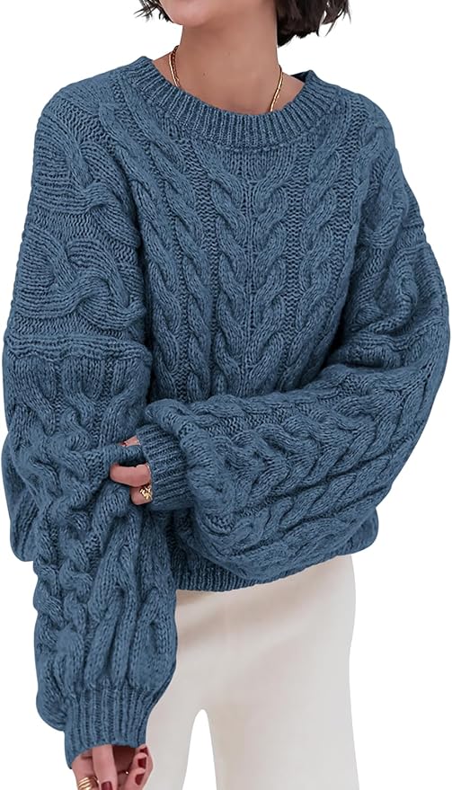 PRETTYGARDEN Womens Sweaters Spring 2026 Cable Knit Long Sleeve Crewneck Oversized Sweater Chunky Pullover Loose Outfits