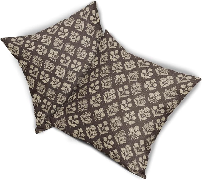 Dark Brown Floral Block Print Pillow Covers 16x16 Inch Set of 2, Vintage Flower Pattern Decorative Throw Pillowcases Outdoor Farmhouse Cushion Covers Spring Summer Rustic Sofa Couch Bed Decor