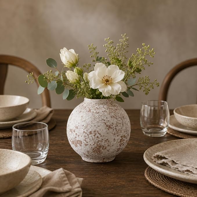 Ceramic Flower Vase, 5.5 Inch Round Textured Vase for Home Decor | Handmade ceramic vase with unique textured design, perfect for living room shelves, tables, centerpieces and farmhouse decor.