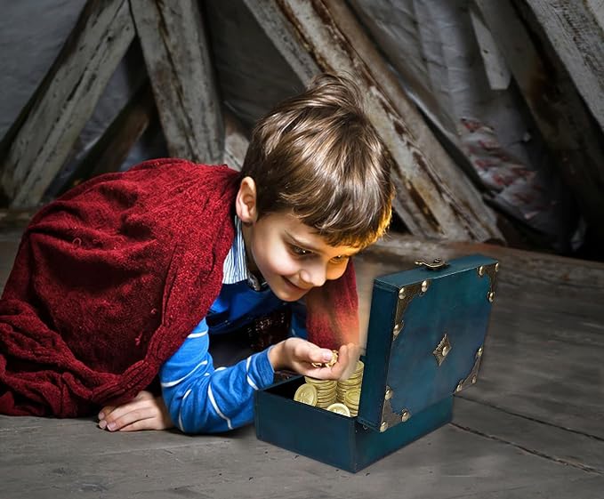 WaaHome Wood Treasure Box 5.5'' Small Decorative Teal Pirate Treasure Chest Jewelry Keepsakes Box for Kids Girls Boys Women Gifts Home Decor