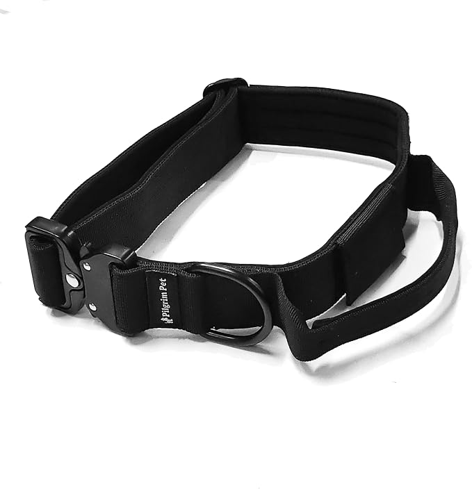 Heavy-Duty Tactical Dog Collar with Control Handle and Metal Hardware – Adjustable K9 Gear with Patch Panel & Airtag Holder (Black)